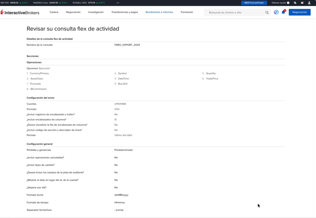 Configuración de valores de la flex query interactive brokers