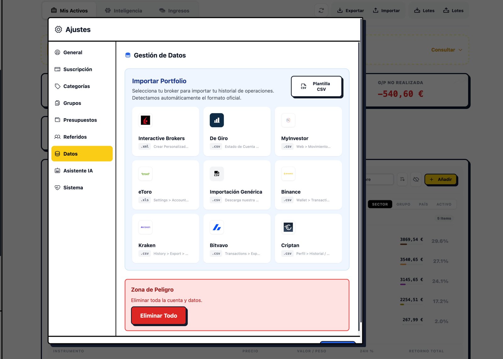 Pantalla de Importación de Brokers