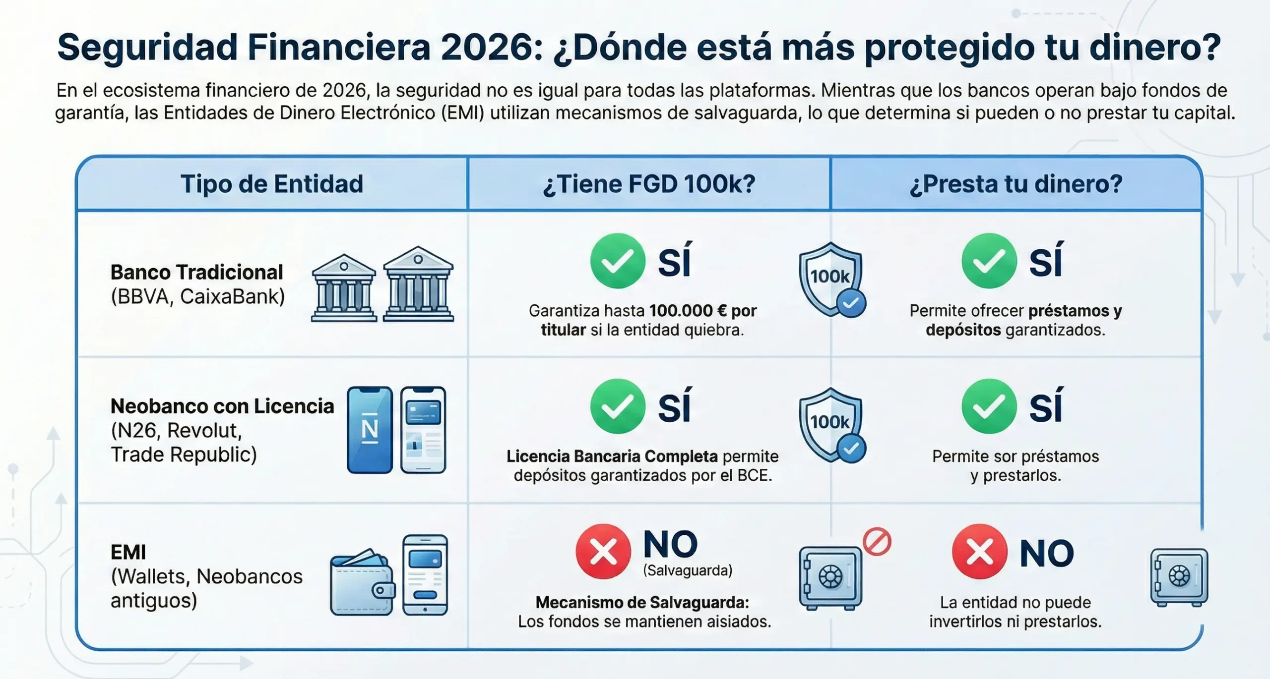 Tabla comparativa seguridad neobancos licencia bancaria vs dinero electrónico 2026]