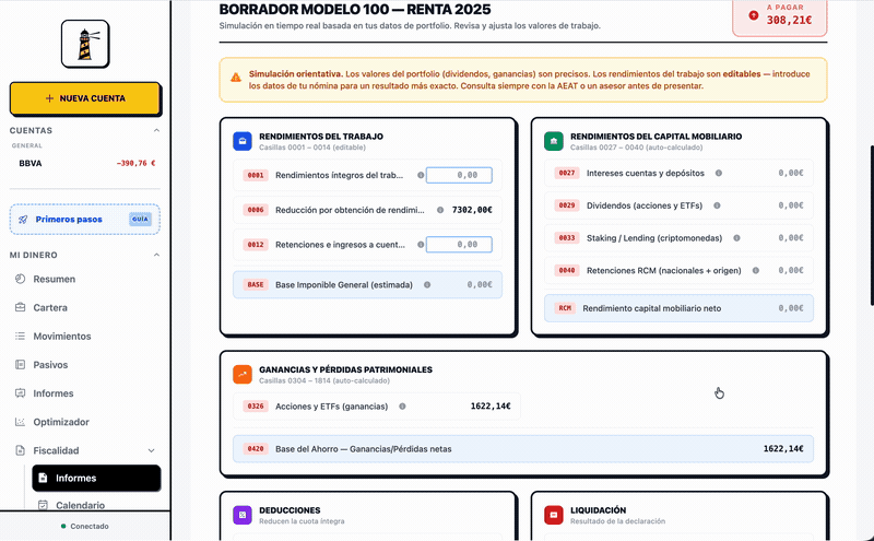 Panel de fiscalidad de FARO mostrando el cálculo automático del IRPF para inversiones multi-broker