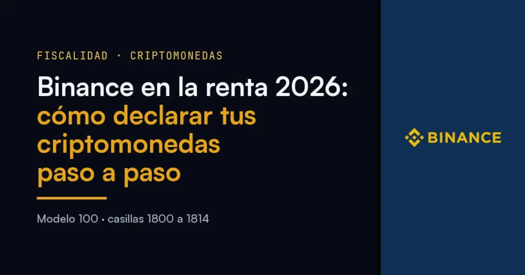 Ilustración con el título «Cómo declarar Binance en la Renta»: criptomonedas, formulario de Hacienda, calculadora y monedas de euro